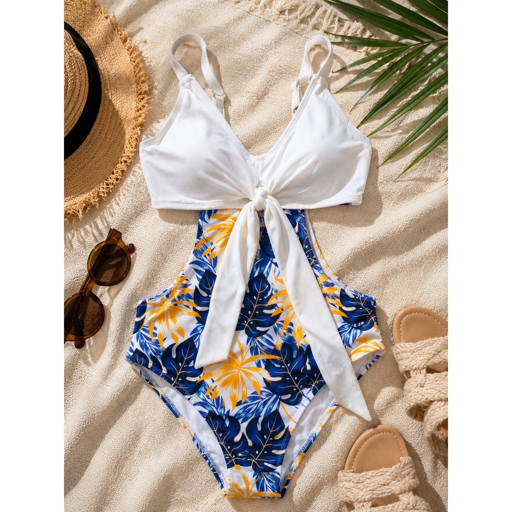 Tropical Leaf Print Cutout Monokini‎ Swimsuit White Navy Yellow Small